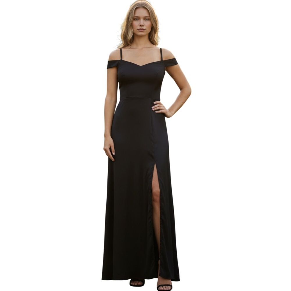 Nightway Women's Sateen‎ Cold-Shoulder Gown, Thigh High Slit, Black, Size 8